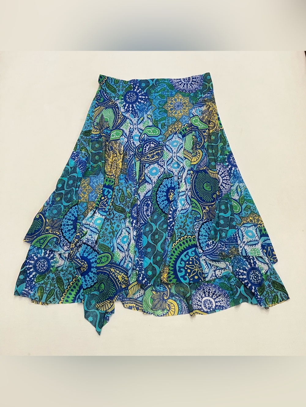 Vintage Y2K Chicos Medallion Handkerchief Hem Midi Skirt Paisley Patchwork Boho